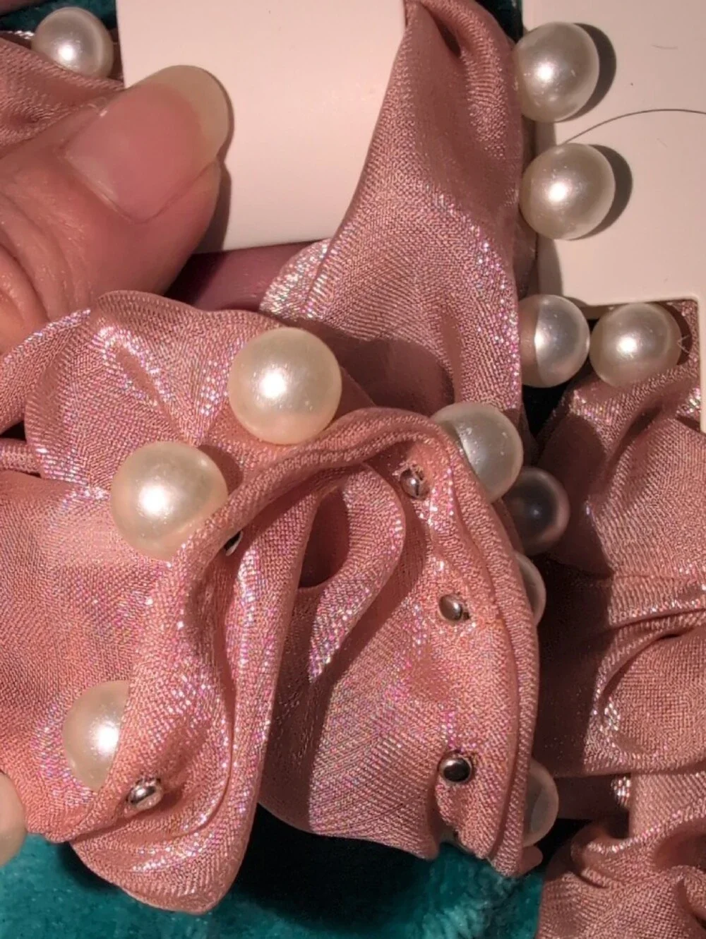Pink Pearl-Embellished Scrunchie Set Of 2